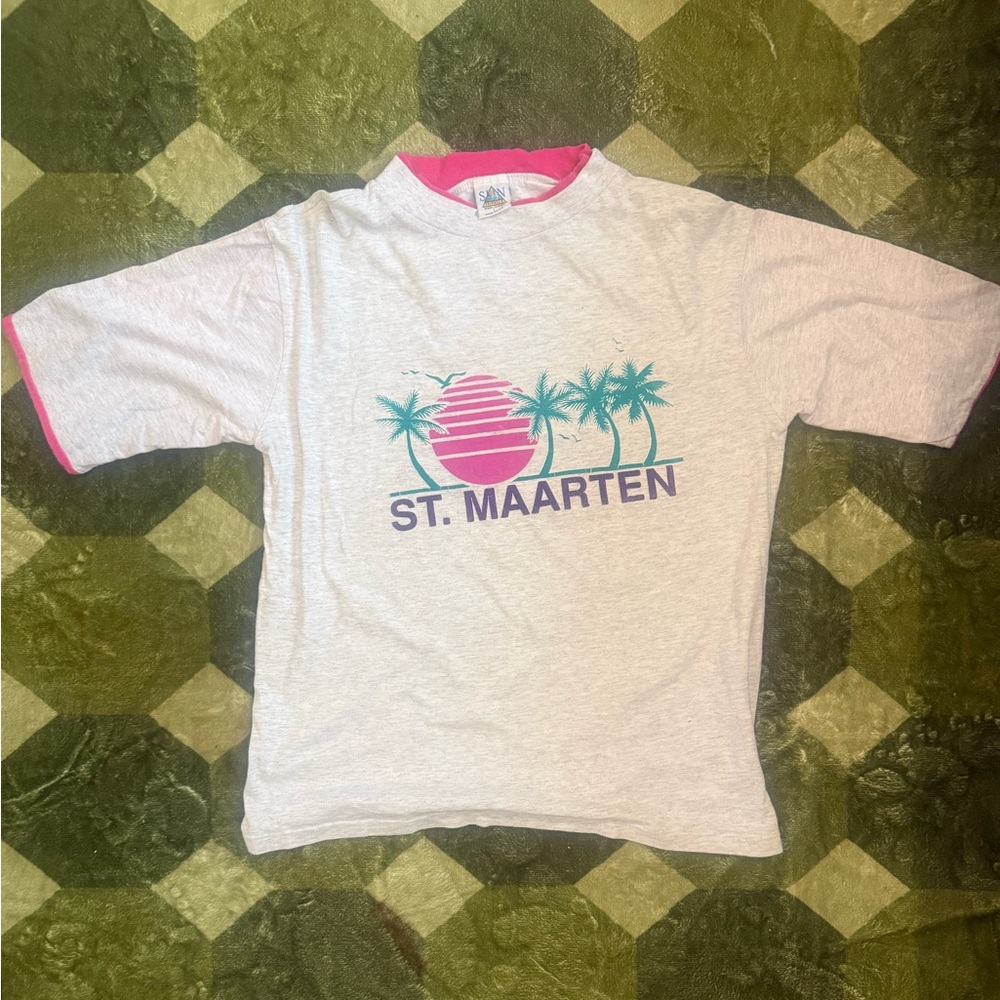 St. Maarten Vintage Graphic Tee Gray with Pink & Teal Accents - Double Tee
